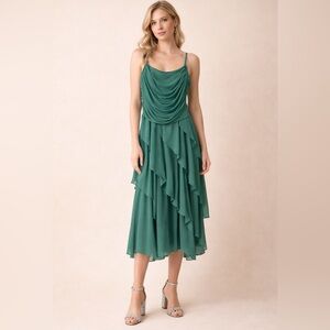 70s Disco Dress New Leaf California Teal Cowl Neck Layered Chiffon Midi